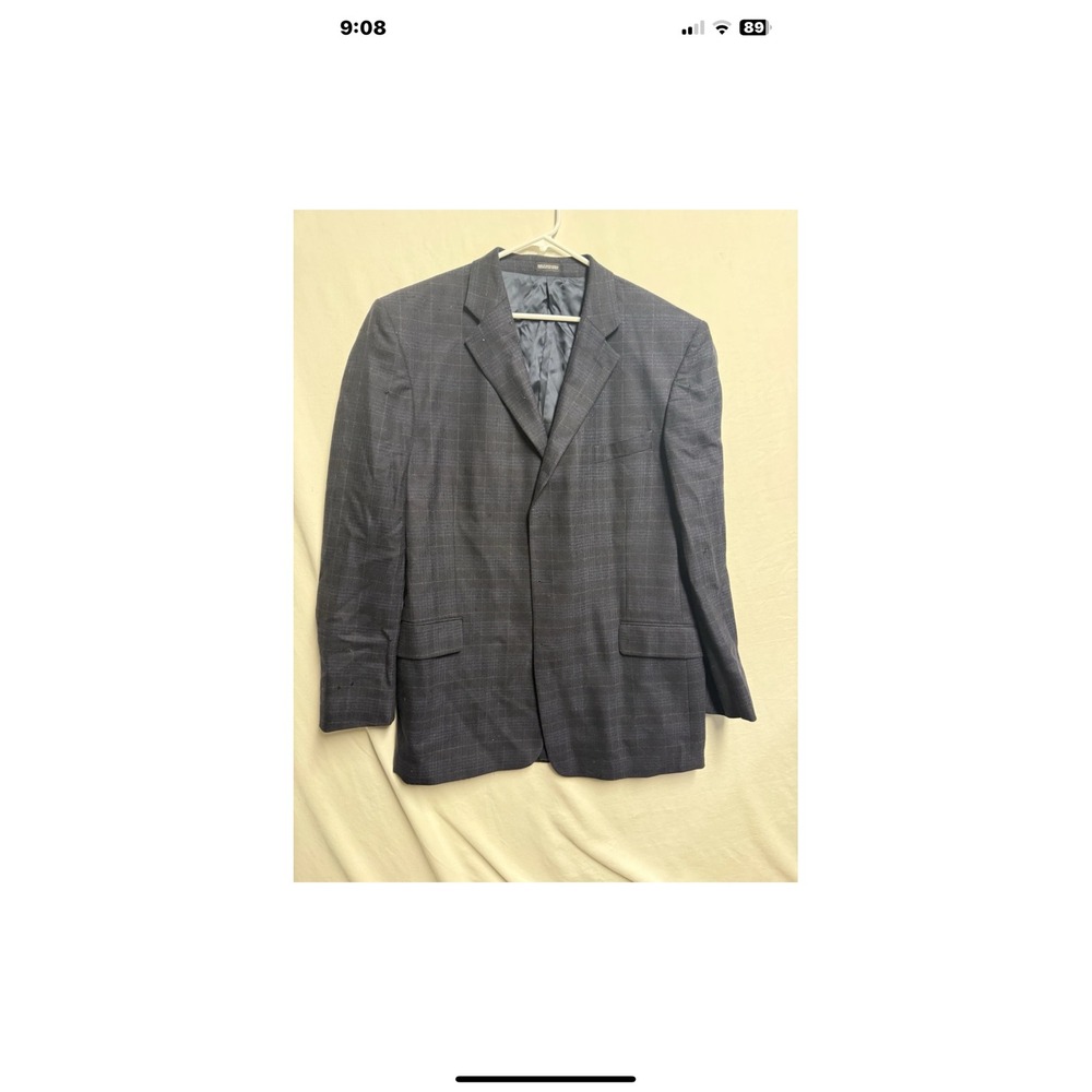 Stafford Mens 46L Pure New Wool Blazer Jacket Navy Blue Plaid Sport Coat 46 Long